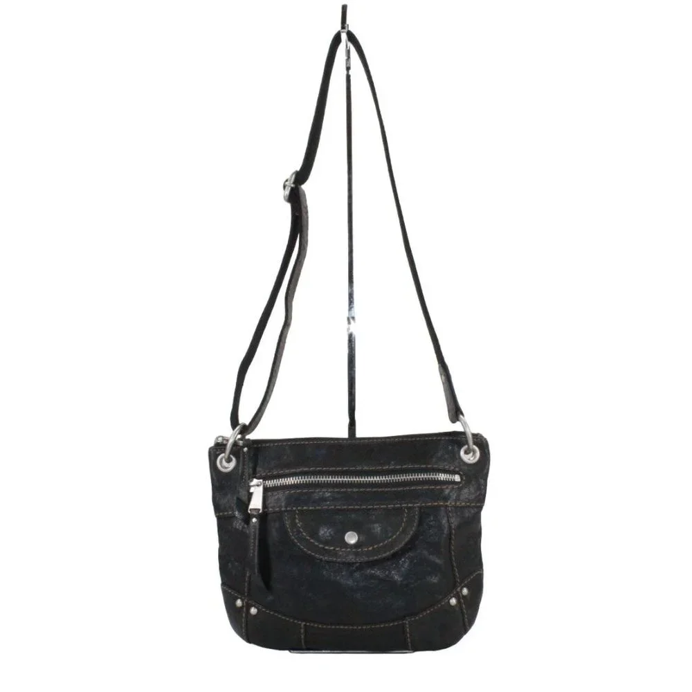 Fossil Black Leather Zip Top Crossbody Purse Shoulder Bag - Picture 1 of 9